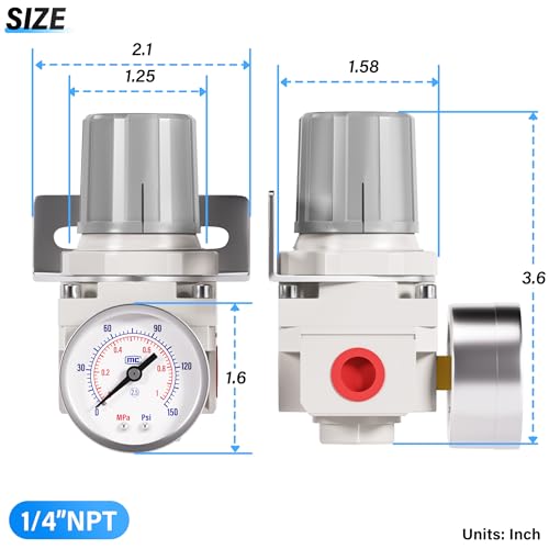 TAILONZ PNEUMATIC 1/4 Inch NPT Air-Compressor Accessories Pressure Regulator for Compressed Air Systems AR2000 Adjust 0 to 145 Psi - Image 2