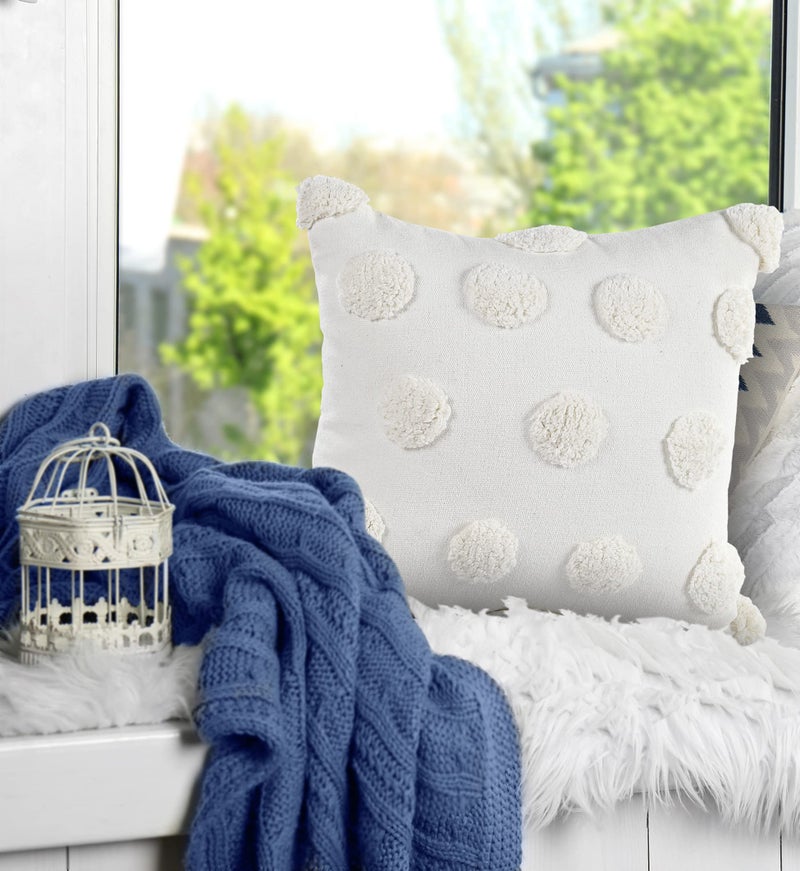 SASHAA WORLD Cotton Tufted Dots Cushion Cover | White Boho Decorative Pillow Cover for Sofa, Living Room, or Bed | Zipper Closure, Elegant Chic Design | 18x18 Inches - Image 1