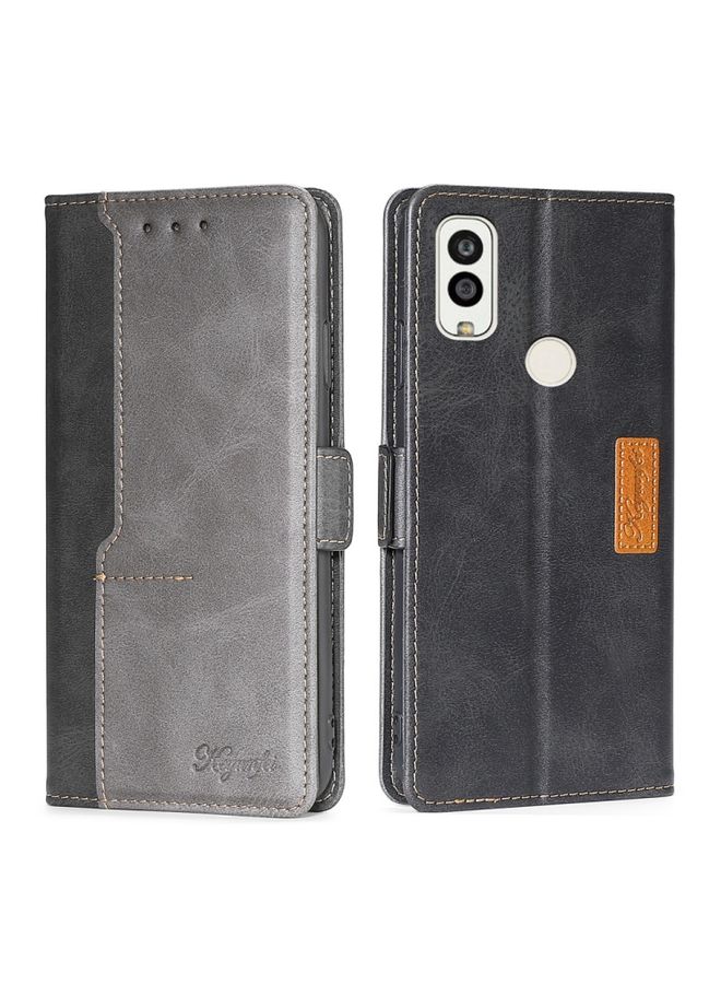 BGM Case Cover For Kyocera Android One S9/KC S304/Digno Sanga Edition Contrast Color Side Buckle Leather Phone Case Black + Grey