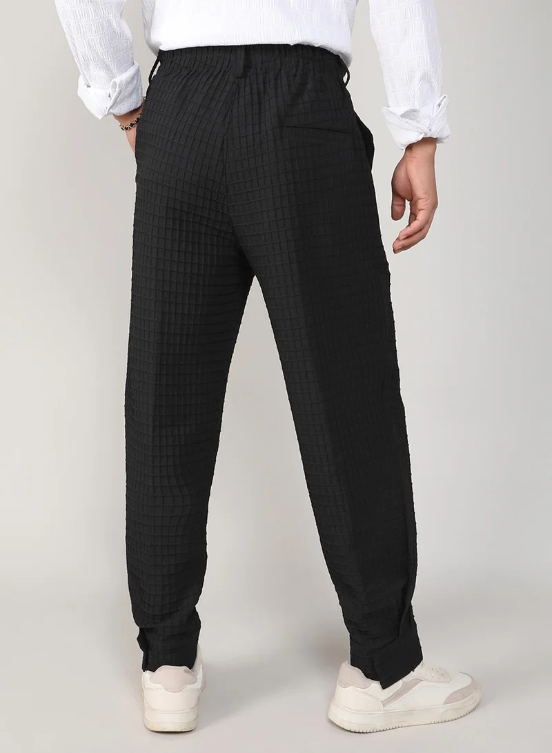 Campus Sutra  Men's Midnight Black Textured Graph Check Trousers For Casual Wear | 4 Pockets | Mid- Rise | Button Closure | Trousers Crafted With Comfort Fit For Everyday Wear for Men | Best Price UAE
