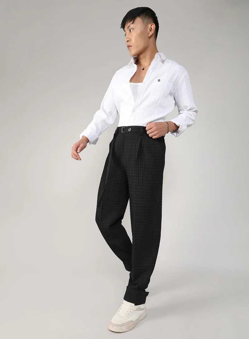 Campus Sutra  Men's Midnight Black Textured Graph Check Trousers For Casual Wear | 4 Pockets | Mid- Rise | Button Closure | Trousers Crafted With Comfort Fit For Everyday Wear for Men | Best Price UAE