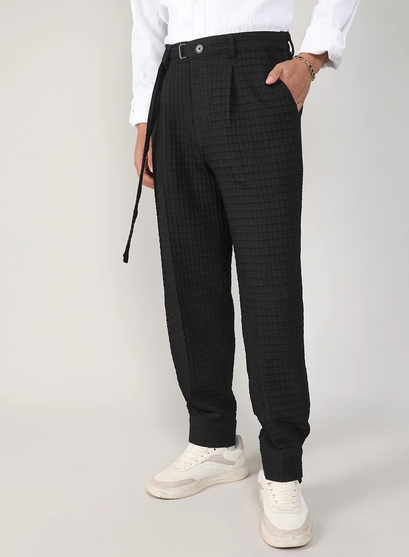 Campus Sutra  Men's Midnight Black Textured Graph Check Trousers For Casual Wear | 4 Pockets | Mid- Rise | Button Closure | Trousers Crafted With Comfort Fit For Everyday Wear for Men | Best Price UAE
