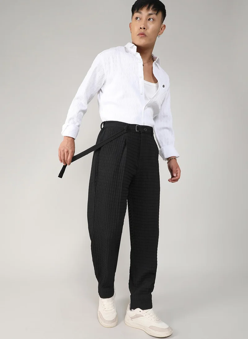 Campus Sutra  Men's Midnight Black Textured Graph Check Trousers For Casual Wear | 4 Pockets | Mid- Rise | Button Closure | Trousers Crafted With Comfort Fit For Everyday Wear for Men | Best Price UAE