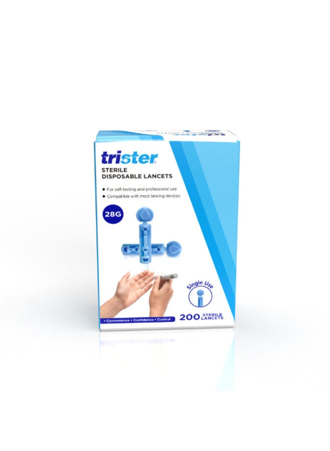 trister Sterile Disposable Lancets 28G (TS-383SDL)  — Universal Blood Sampling Lancets, Sterile, Tri-Bevel Tip — Compatible with Most Lancing Devices, 200pcs - Image 1