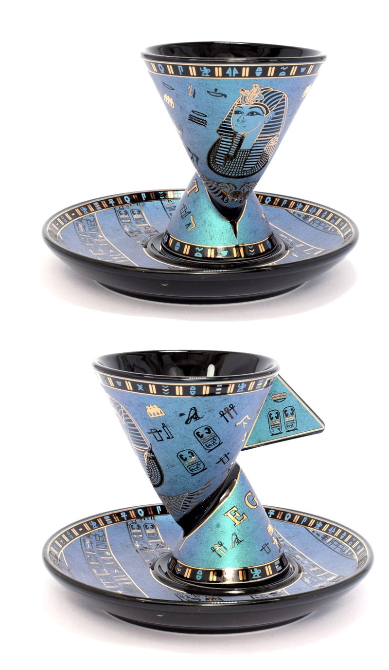 immatgar pack of 2 Coffee mug and 2 of it's plate of immatgar pharaonic Coffee mug ancient Egyptian souvenirs gifts for women and men from Egypt - mother day gifts (Tutankhamun - cono - Blue - 75 MM) - Image 1