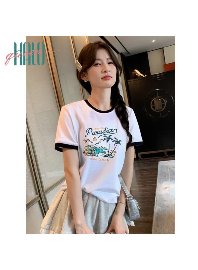 HALOQUEEN Halo Queen Women's Short Sleeve T-shirt Trendy Colorblock Vacation Style Designer Round Neck Thin Summer Top H143t1528 - Image 2