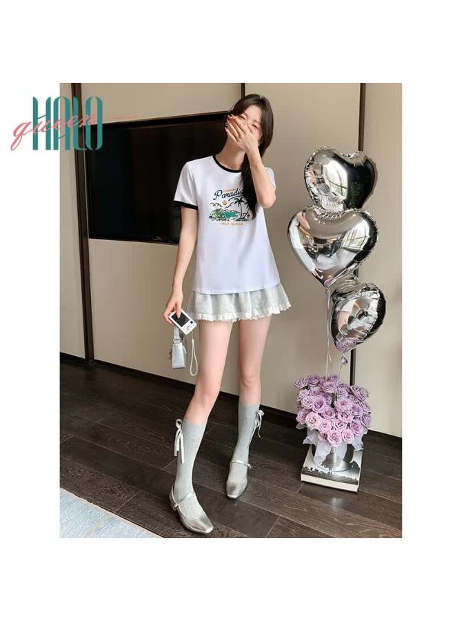 HALOQUEEN Halo Queen Women's Short Sleeve T-shirt Trendy Colorblock Vacation Style Designer Round Neck Thin Summer Top H143t1528 - Image 4