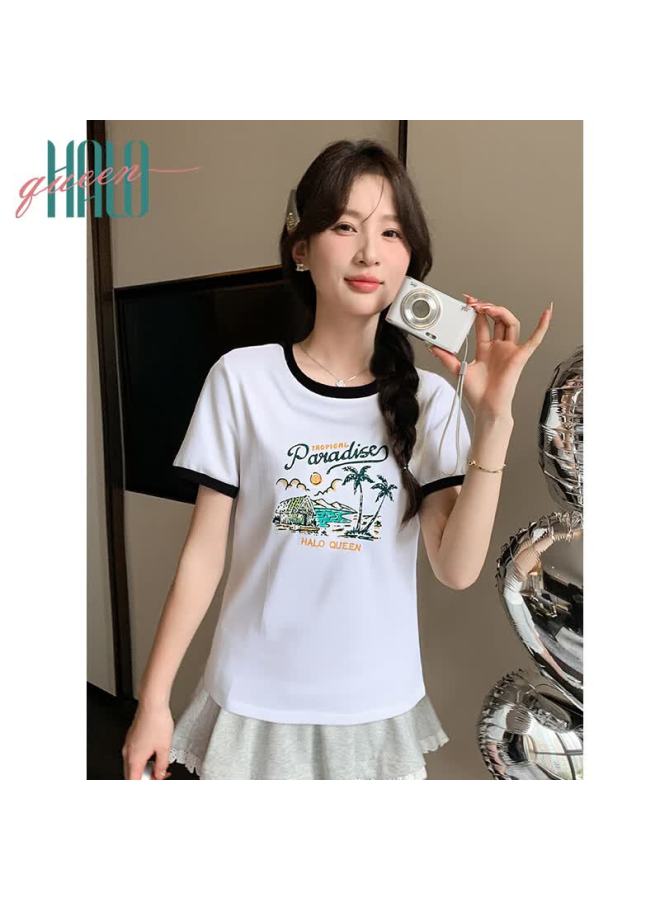 HALOQUEEN Halo Queen Women's Short Sleeve T-shirt Trendy Colorblock Vacation Style Designer Round Neck Thin Summer Top H143t1528 - Image 1