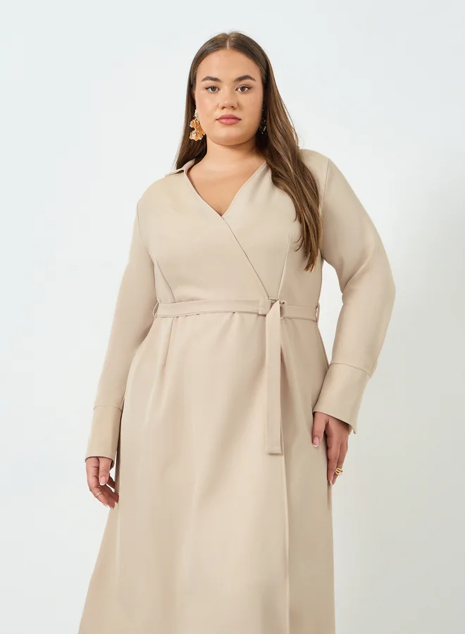 ستايلي فستان ميدي مقاس كبير بنمط لف وأكمام طويلة