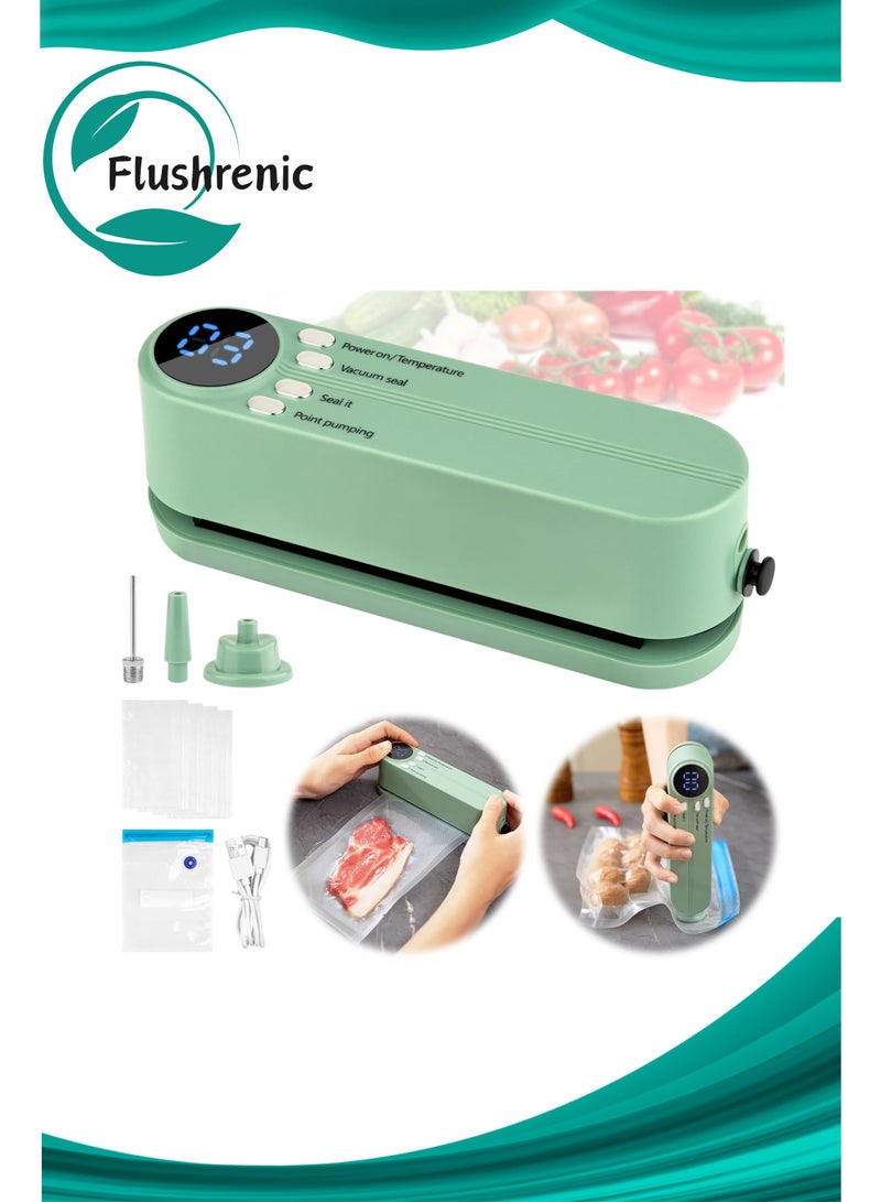 فلوشرينيك جهاز تغليف الطعام بالفراغ، جهاز تغليف صغير محمول 2 في 1 قابل لإعادة الشحن، جهاز تغليف الوجبات بالفراغ، جهاز تغليف بالفراغ لاسلكي، مع 4 أكياس وجبات خفيفة، كيس تخزين واحد، إبرة ومبسم مضخة هواء، مناسب لتخزين الطعام - Image 1