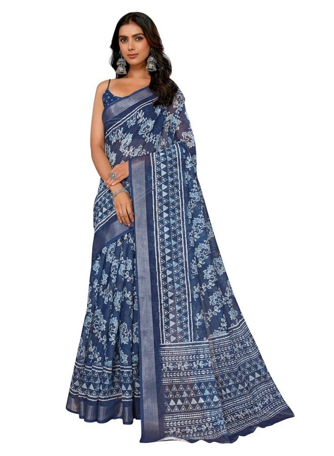 Janasya Janasya Women's Navy Blue Linen Blend Floral Printed Saree with Blouse Piece (SAR444-J)  - Image 1