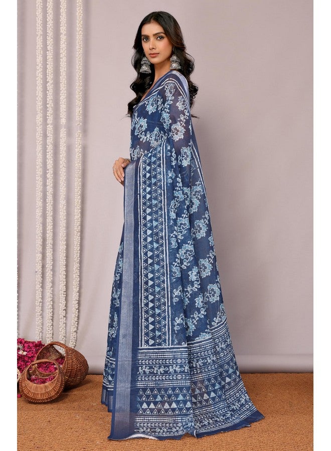 Janasya Janasya Women's Navy Blue Linen Blend Floral Printed Saree with Blouse Piece (SAR444-J)  - Image 2