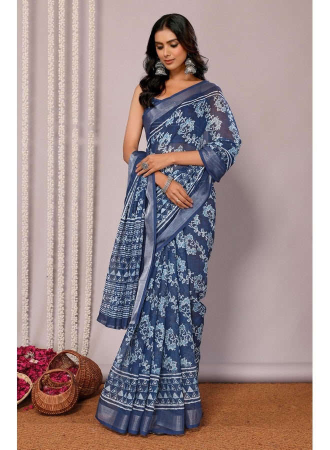 Janasya Janasya Women's Navy Blue Linen Blend Floral Printed Saree with Blouse Piece (SAR444-J)  - Image 4