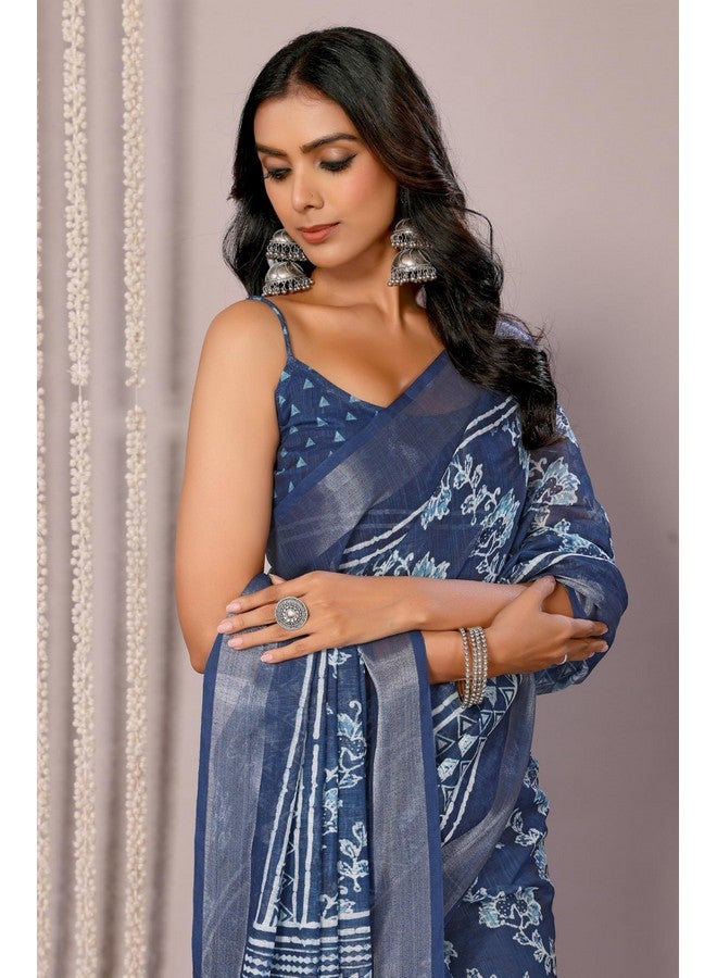 Janasya Janasya Women's Navy Blue Linen Blend Floral Printed Saree with Blouse Piece (SAR444-J)  - Image 5