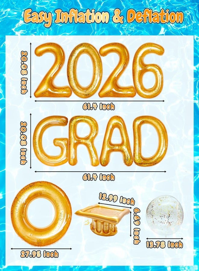 Piemow 2026 Pool Graduation Decorations - 14 Pcs Gold Glitter Inflatable Float Letters & Beach Balls, Adult Grad Party Supplies for Class of 2026 Swimming Pool Celebrations - Image 2
