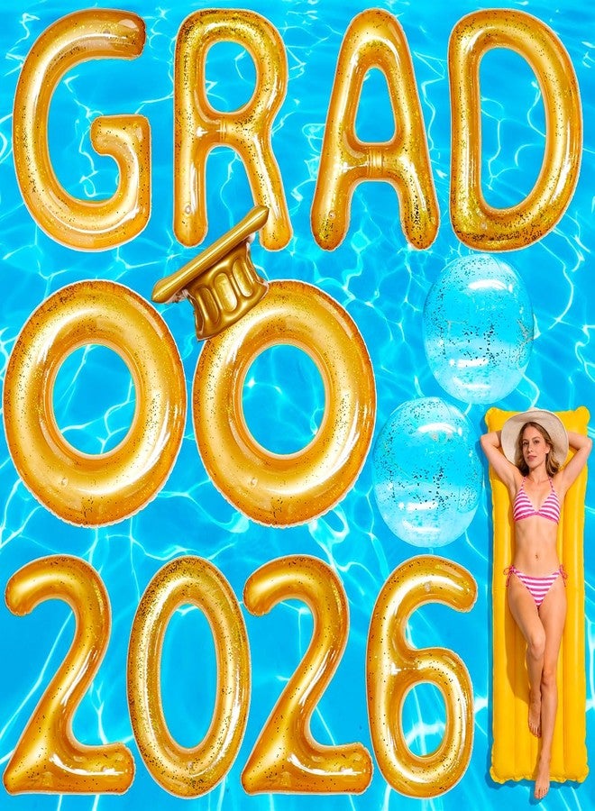 Piemow 2026 Pool Graduation Decorations - 14 Pcs Gold Glitter Inflatable Float Letters & Beach Balls, Adult Grad Party Supplies for Class of 2026 Swimming Pool Celebrations - Image 1