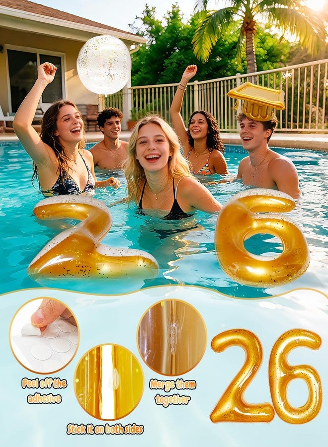 Piemow 2026 Pool Graduation Decorations - 14 Pcs Gold Glitter Inflatable Float Letters & Beach Balls, Adult Grad Party Supplies for Class of 2026 Swimming Pool Celebrations - Image 4