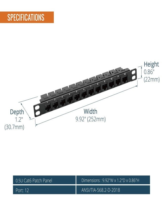 Tecmojo 12-Port Cat6 Patch Panel, 0.5U Rack Mount Modular Panel with Keystone Coupler, for 10" Server Rack & Network Cabinet, Gigabit Ethernet, Black - Image 3