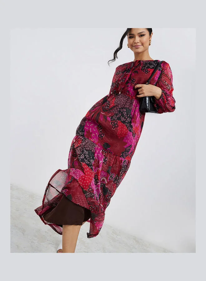 tiered sheer printed dress Stichou Women's Wedding Guest Floral Print Vintage Goth Dress Mesh Spliced Double-Layered 2026 Spring Summer Hemline Midi Dresses Beige M