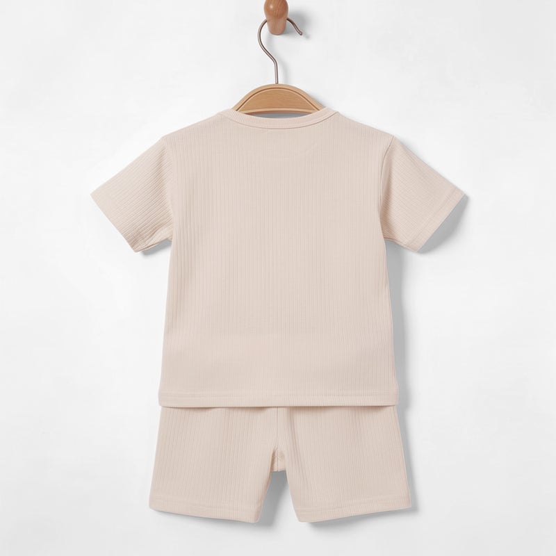 بابيز_بيسك بيبيز بيسك طقم تيشيرت بأكمام قصيرة من القطن المضلع مع شورت سادة , البيج - Image 5