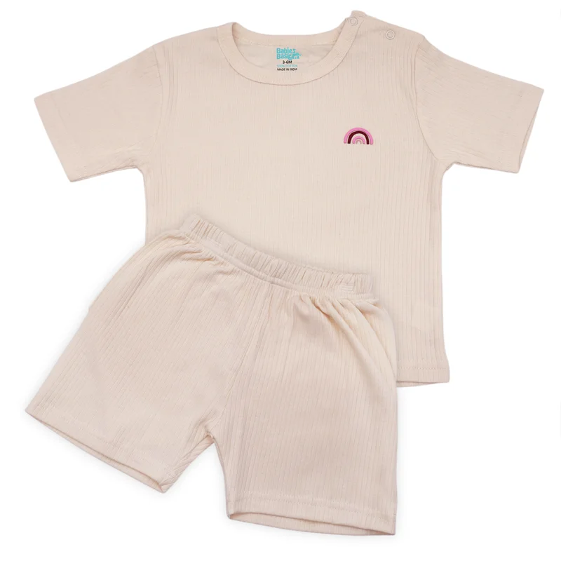 Babies Basic Babies Basic Ribbed Cotton Short Sleeves T-shirt and Plain Shorts Set, Beige