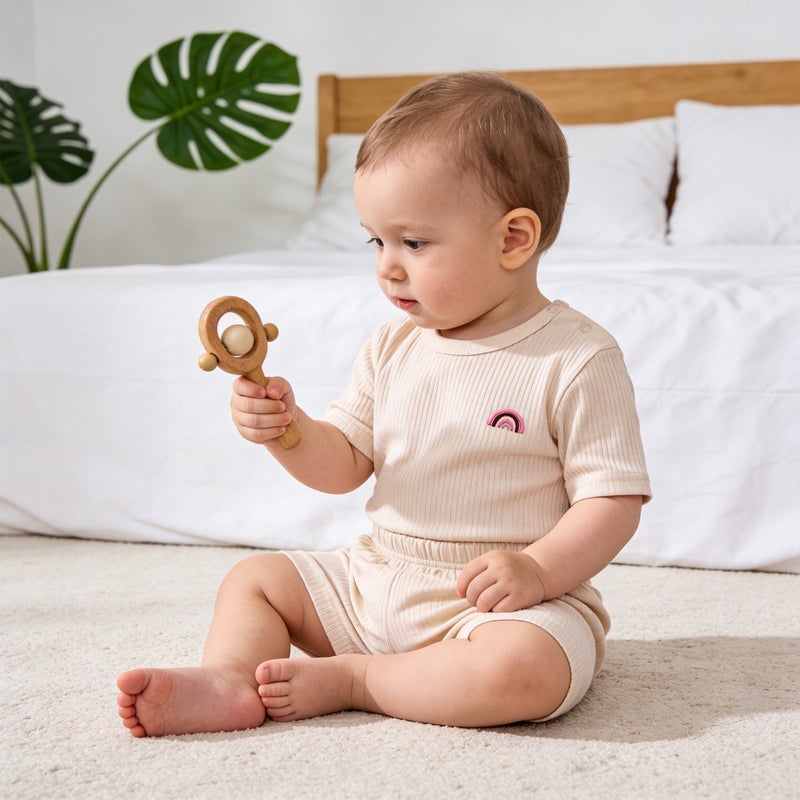 بابيز_بيسك بيبيز بيسك طقم تيشيرت بأكمام قصيرة من القطن المضلع مع شورت سادة , البيج - Image 3