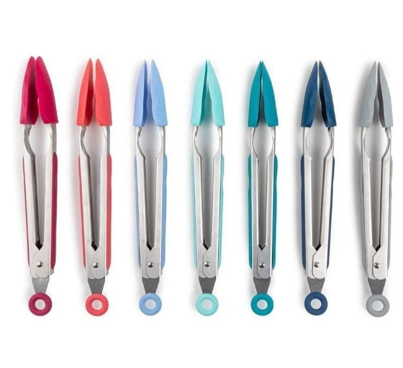 Core Kitchen Silicone Mini Locking Tongs 10 Inch Assorted Colors 1 Piece Heat Resistant Kitchen Tongs Non Slip Compact Cooking Serving BBQ Salad Food Tongs Durable Stainless Steel Handle