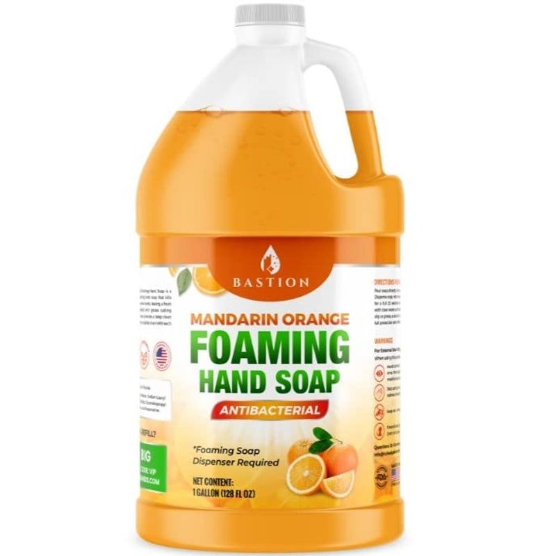 Bastion Foaming Antibacterial Hand Soap Mandarin Orange Scented Instant Foam Hand Wash Refill 1 Gallon 128 oz Bulk Jug Made In The USA