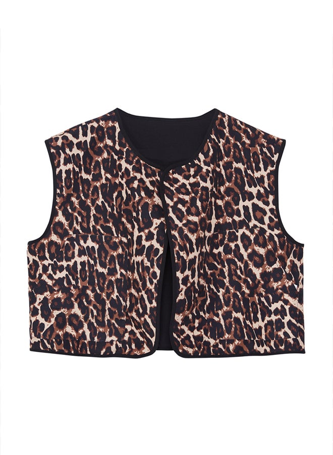 trendyol Brown Regular Leopard Patterned Double Sided Double Face Crop Woven Vest TWOSS24YE00059 - Image 5