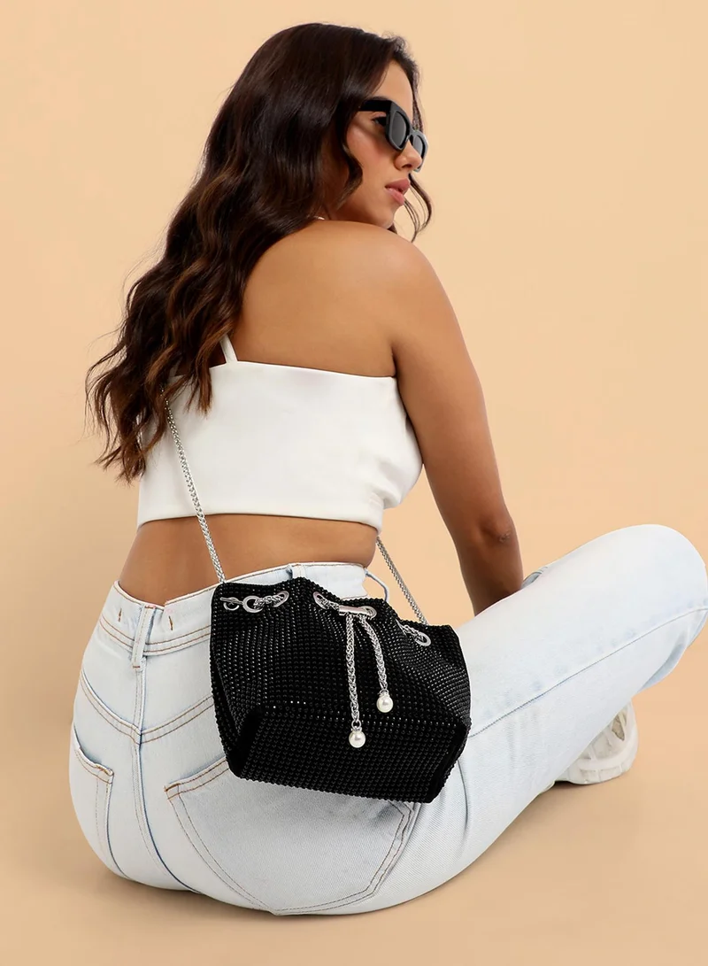 Haute Sauce Haute Sauce Women's Stud Chain Handbag For Casual Wear | Black Colour |  One-Size | Drawstring Closure | 1 Handle | Non-Detachable Sling | Vegan Leather Handbag For Woman And Girls