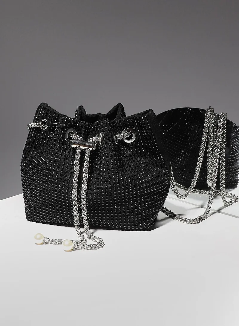 Haute Sauce Haute Sauce Women's Stud Chain Handbag For Casual Wear | Black Colour |  One-Size | Drawstring Closure | 1 Handle | Non-Detachable Sling | Vegan Leather Handbag For Woman And Girls