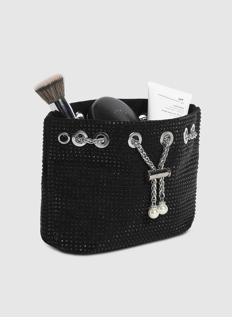 Haute Sauce  Haute Sauce Women's Stud Chain Handbag For Casual Wear | Black Colour |  One-Size | Drawstring Closure | 1 Handle | Non-Detachable Sling | Vegan Leather Handbag For Woman And Girls for Women | Best Price UAE