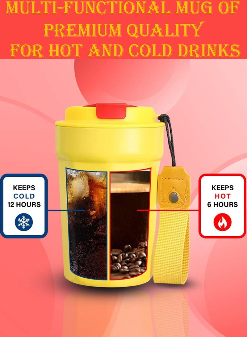 QUTOOB Insulated Coffee Mug 400ml Thermal Vacuum Cup With Lid and Carrying Strap, Tea and Coffee Cup for Travel, Camping, Picnic, Office, Outdoor, etc - Stainless Steel Travel Mug For Hot and Cold Drinks  - Image 2