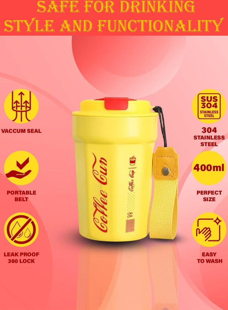 QUTOOB Insulated Coffee Mug 400ml Thermal Vacuum Cup With Lid and Carrying Strap, Tea and Coffee Cup for Travel, Camping, Picnic, Office, Outdoor, etc - Stainless Steel Travel Mug For Hot and Cold Drinks  - Image 3