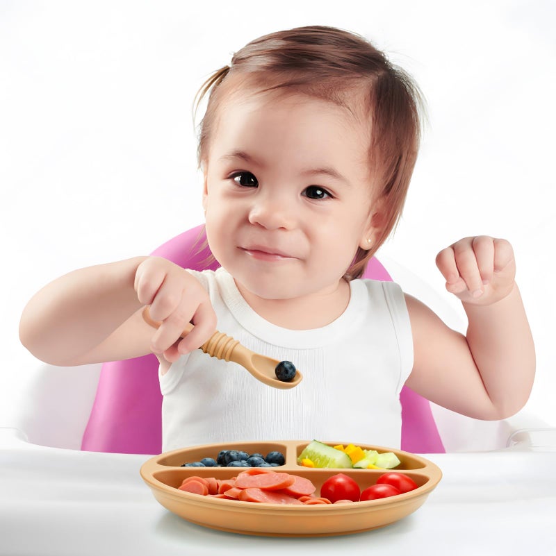 PandaEar 3 Pack Toddler Plates with 3 Spoons, 100% Silicone Divided Suction Plate for Babies, BPA-Free, Dishwasher and Microwave Safe -Pink/Brown/Brick red - Image 3