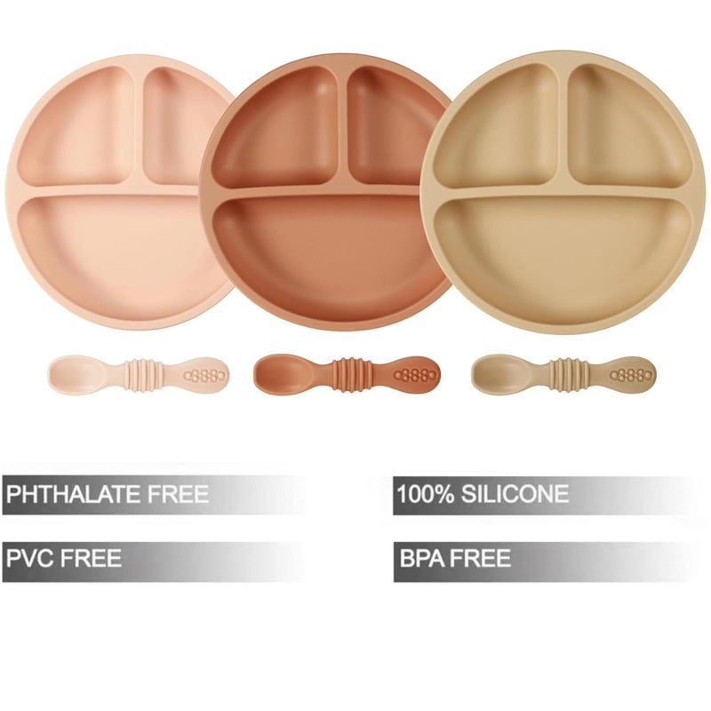 PandaEar 3 Pack Toddler Plates with 3 Spoons, 100% Silicone Divided Suction Plate for Babies, BPA-Free, Dishwasher and Microwave Safe -Pink/Brown/Brick red - Image 2