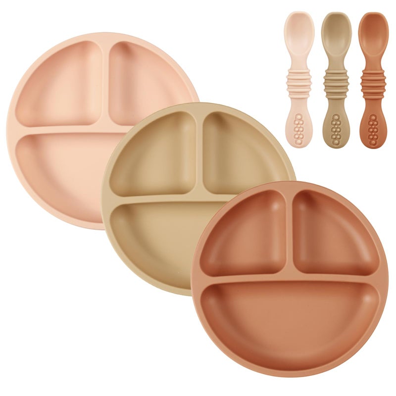 PandaEar 3 Pack Toddler Plates with 3 Spoons, 100% Silicone Divided Suction Plate for Babies, BPA-Free, Dishwasher and Microwave Safe -Pink/Brown/Brick red - Image 1