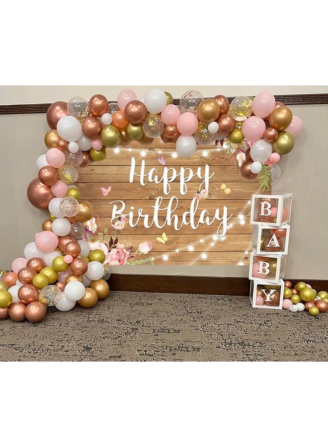 BUTEN Rustic Wood Flower Happy Birthday Backdrop Blush Rose Butterfly Brown Wood Floor Photography Background Baby Shower Girl Ladies Birthday Party Banner Cake Table Decoration Photo Booth - Image 5