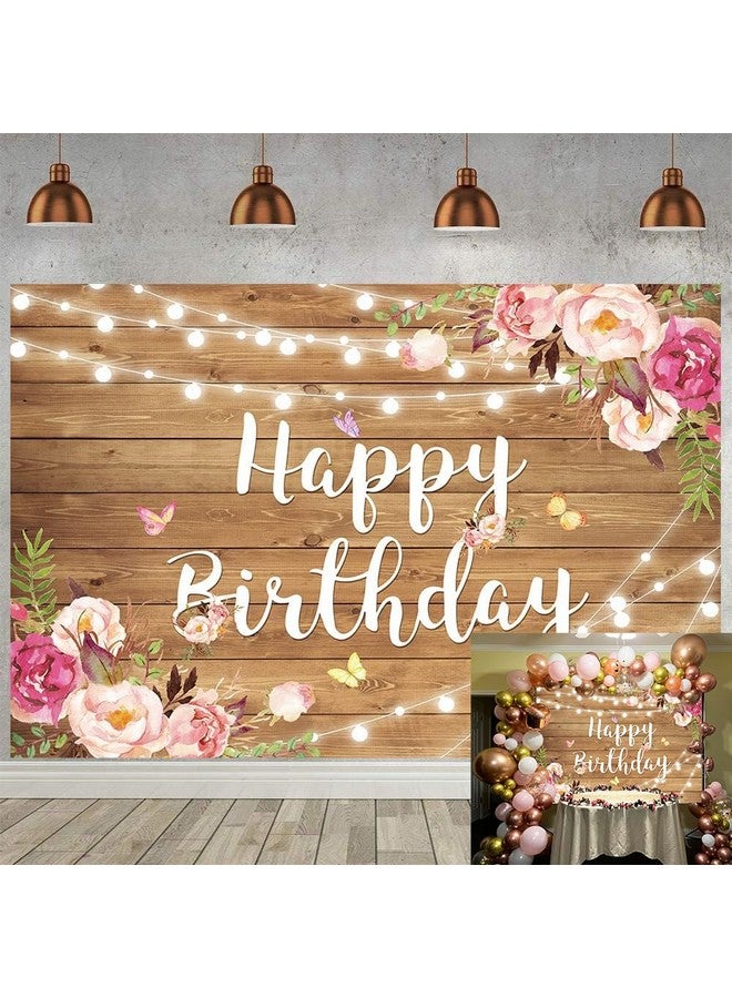 BUTEN Rustic Wood Flower Happy Birthday Backdrop Blush Rose Butterfly Brown Wood Floor Photography Background Baby Shower Girl Ladies Birthday Party Banner Cake Table Decoration Photo Booth - Image 1