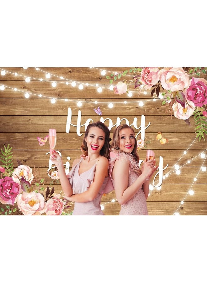 BUTEN Rustic Wood Flower Happy Birthday Backdrop Blush Rose Butterfly Brown Wood Floor Photography Background Baby Shower Girl Ladies Birthday Party Banner Cake Table Decoration Photo Booth - Image 2