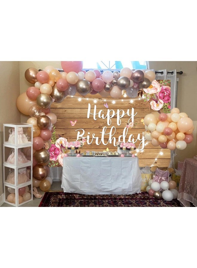 BUTEN Rustic Wood Flower Happy Birthday Backdrop Blush Rose Butterfly Brown Wood Floor Photography Background Baby Shower Girl Ladies Birthday Party Banner Cake Table Decoration Photo Booth - Image 4