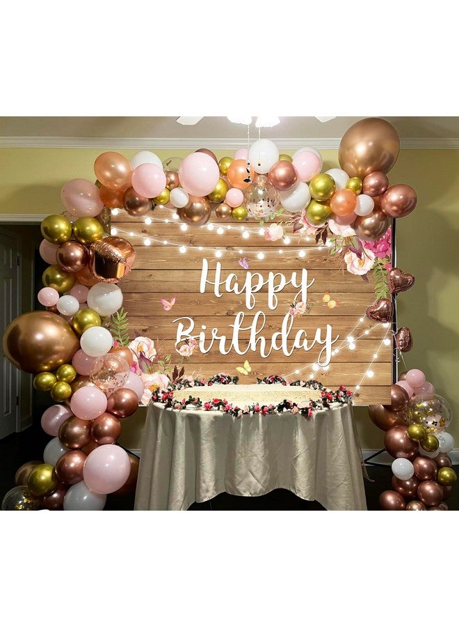 BUTEN Rustic Wood Flower Happy Birthday Backdrop Blush Rose Butterfly Brown Wood Floor Photography Background Baby Shower Girl Ladies Birthday Party Banner Cake Table Decoration Photo Booth - Image 3