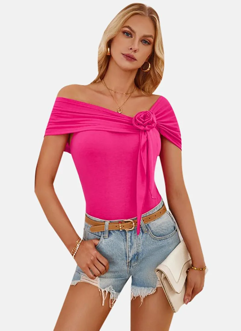 يونيكي Pink Solid Short Sleeve Off-shoulder Tunics