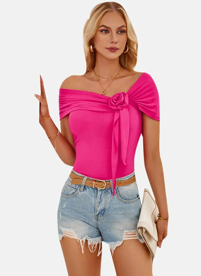 يونيكي Pink Solid Short Sleeve Off-shoulder Tunics