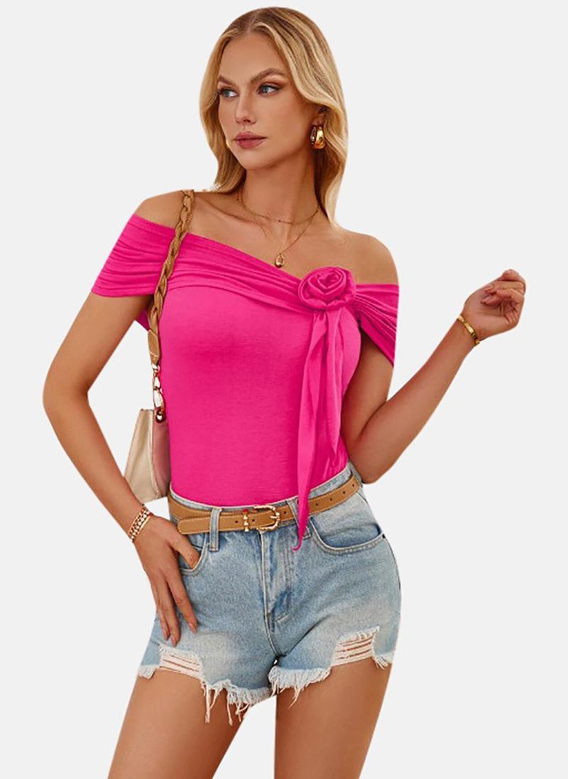 يونيكي Pink Solid Short Sleeve Off-shoulder Tunics - Image 4
