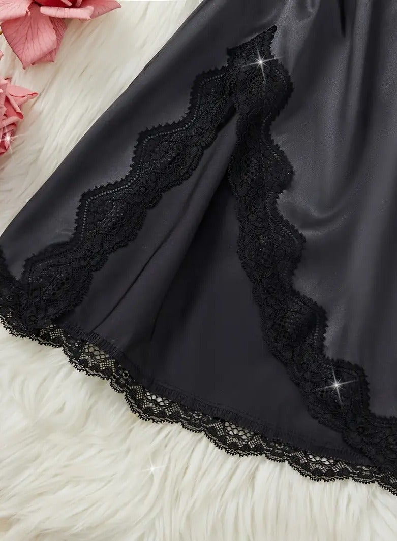 Exotic Women's Satin Lace Patchwork Backless Nightdress Slit V-Neck, Lace-Up Design  - Image 2