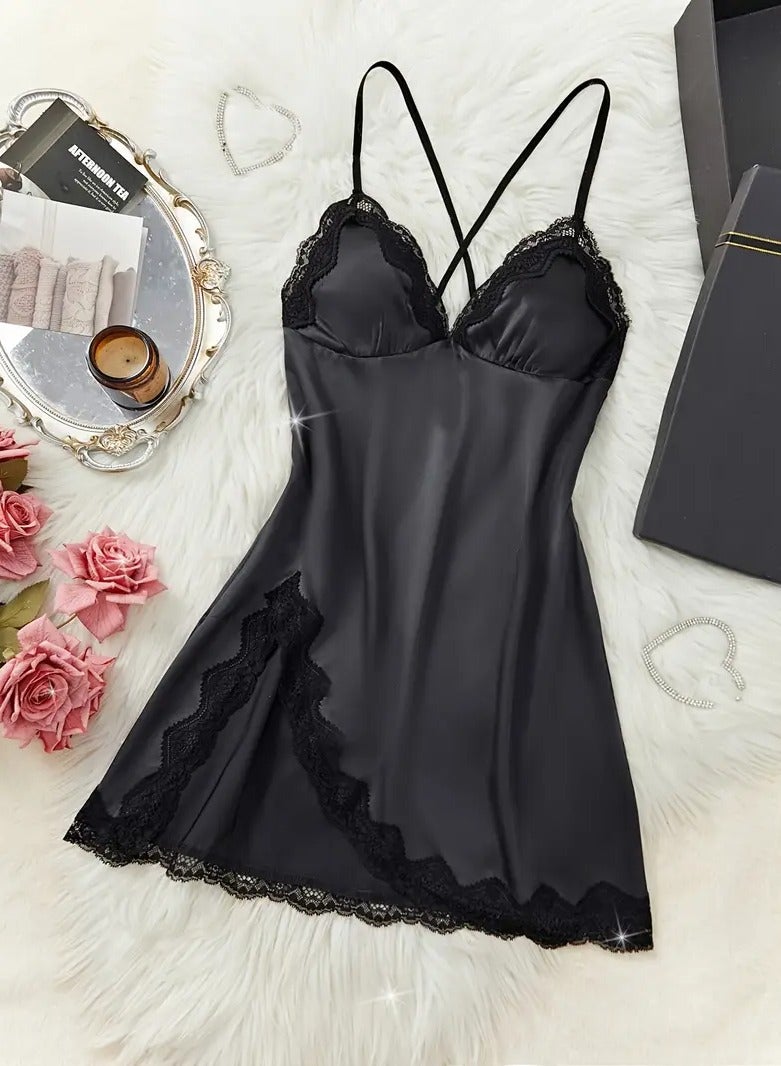 Exotic Women's Satin Lace Patchwork Backless Nightdress Slit V-Neck, Lace-Up Design  - Image 1
