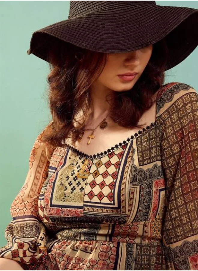 Kassually Patchwork Print 3/4 Sleeves Tiered Maxi Dress by Styli
