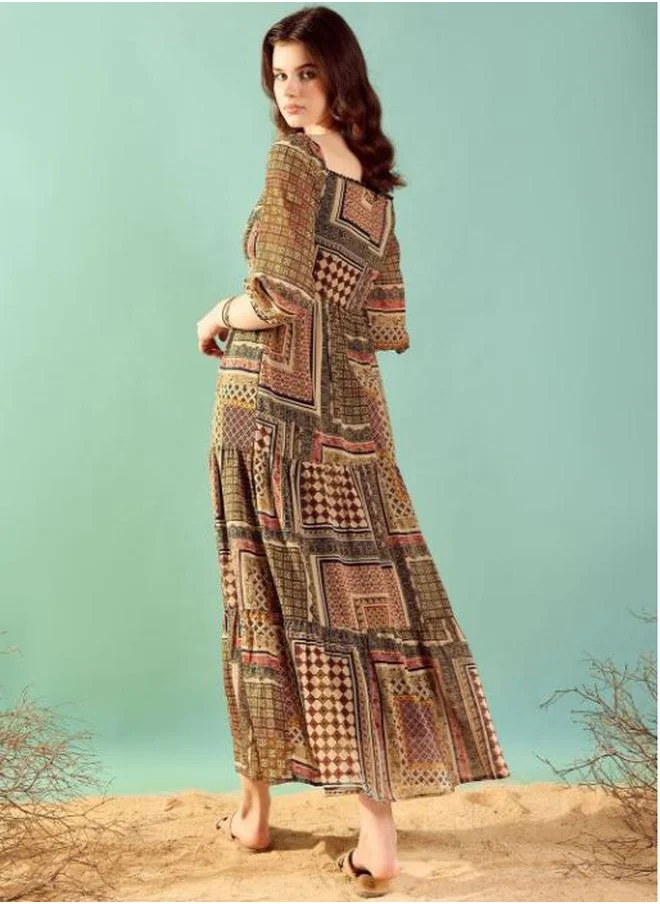 Kassually Patchwork Print 3/4 Sleeves Tiered Maxi Dress by Styli