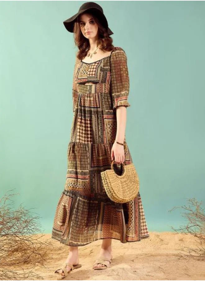 Kassually Patchwork Print 3/4 Sleeves Tiered Maxi Dress by Styli